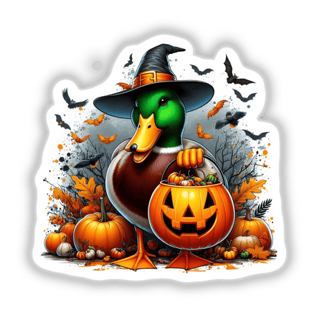 Cartoon of a Halloween Mallard Duck Witch III holding a pumpkin basket, wearing a hat; available as stickers or digital artwork.