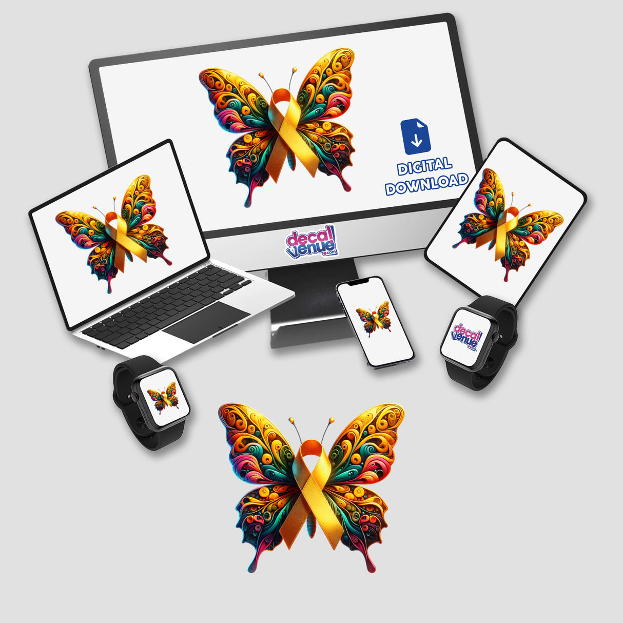 Butterfly Yellow Awareness Ribbon displayed on a computer monitor and laptop, showcasing digital artwork and stickers from Decal Venue.