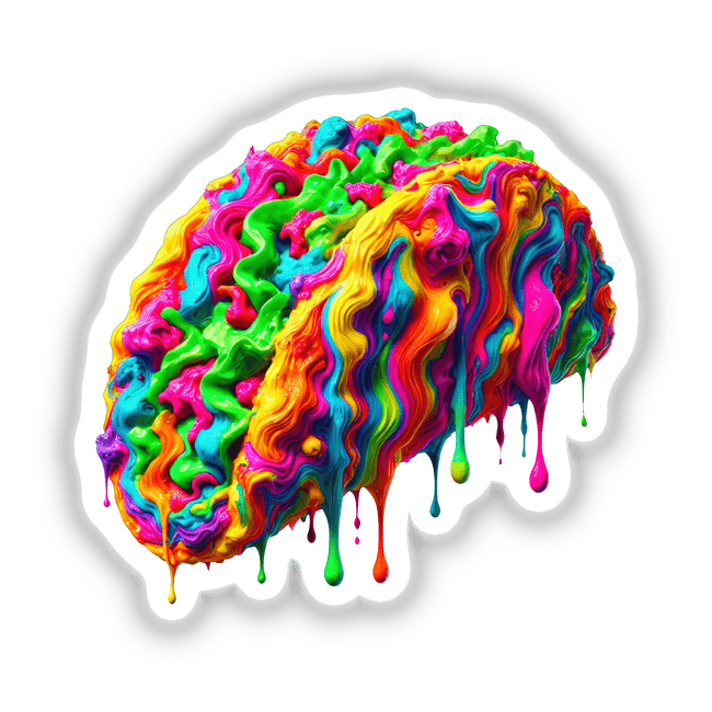Neon Drip Taco – Psychedelic Food Art features a vibrant, abstract depiction resembling a brain with colorful, flowing patterns. Available as stickers or digital artwork, perfect for unique artistic expression.