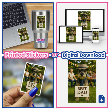 Collage featuring the Best Dad Schnauzer – Father's Day Dog at Family Party Scene, showcasing a dog in a tie and hat amidst laptops and signs, available as unique stickers or digital artwork.