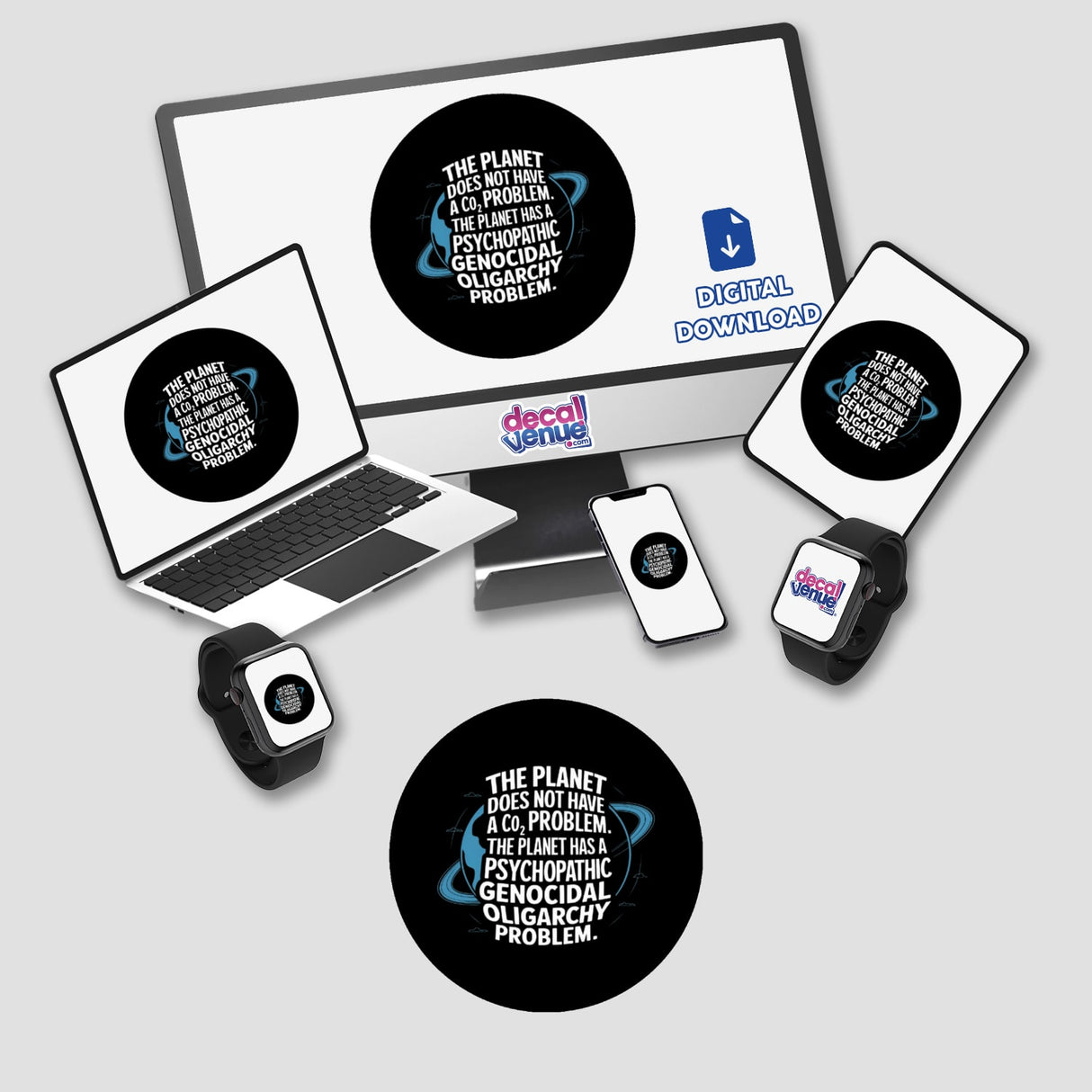 Global Crisis Sticker featuring a thought-provoking environmental design displayed on a laptop screen. Available as stickers or digital artwork with commercial rights, emphasizing unique and impactful messaging.