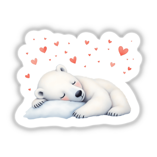 Watercolor Sleeping Polar Bear with Hearts: A charming illustration of a white bear peacefully sleeping on a pillow, surrounded by playful red hearts, adding a whimsical touch to any space.