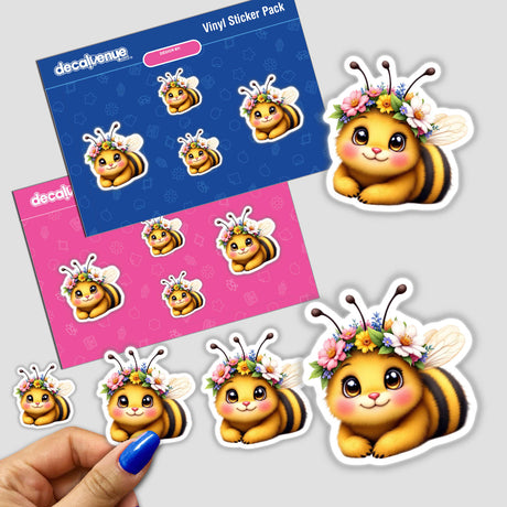 Charming Bee Wearing a Vibrant Flower Crown stickers feature adorable cartoon bees with floral crowns, perfect for adding whimsy to your space. Available as vinyl stickers or digital artwork from Decal Venue.