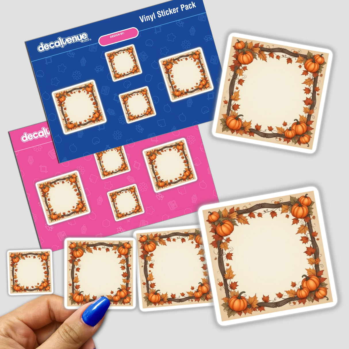 Autumn Aesthetic Frame Clipart – Fall Pumpkin and Leaf Design, featuring detailed stickers with pumpkins and leaves, perfect for social media and print with commercial rights.