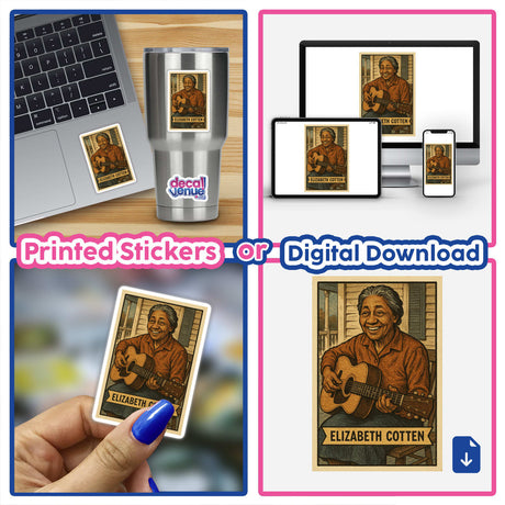Elizabeth Cotten Vintage Trading Card Sticker & Wall Art features her smiling with a guitar, perfect for folk music enthusiasts. Available as a 16x24” digital download and up to 6” printable stickers.