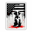 A Cute Puppy Looks At The American Flag, depicted in a black and white graphic design, available as stickers or digital artwork from Decal Venue.