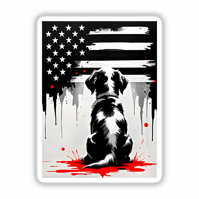 A Cute Puppy Looks At The American Flag, depicted in a black and white graphic design, available as stickers or digital artwork from Decal Venue.