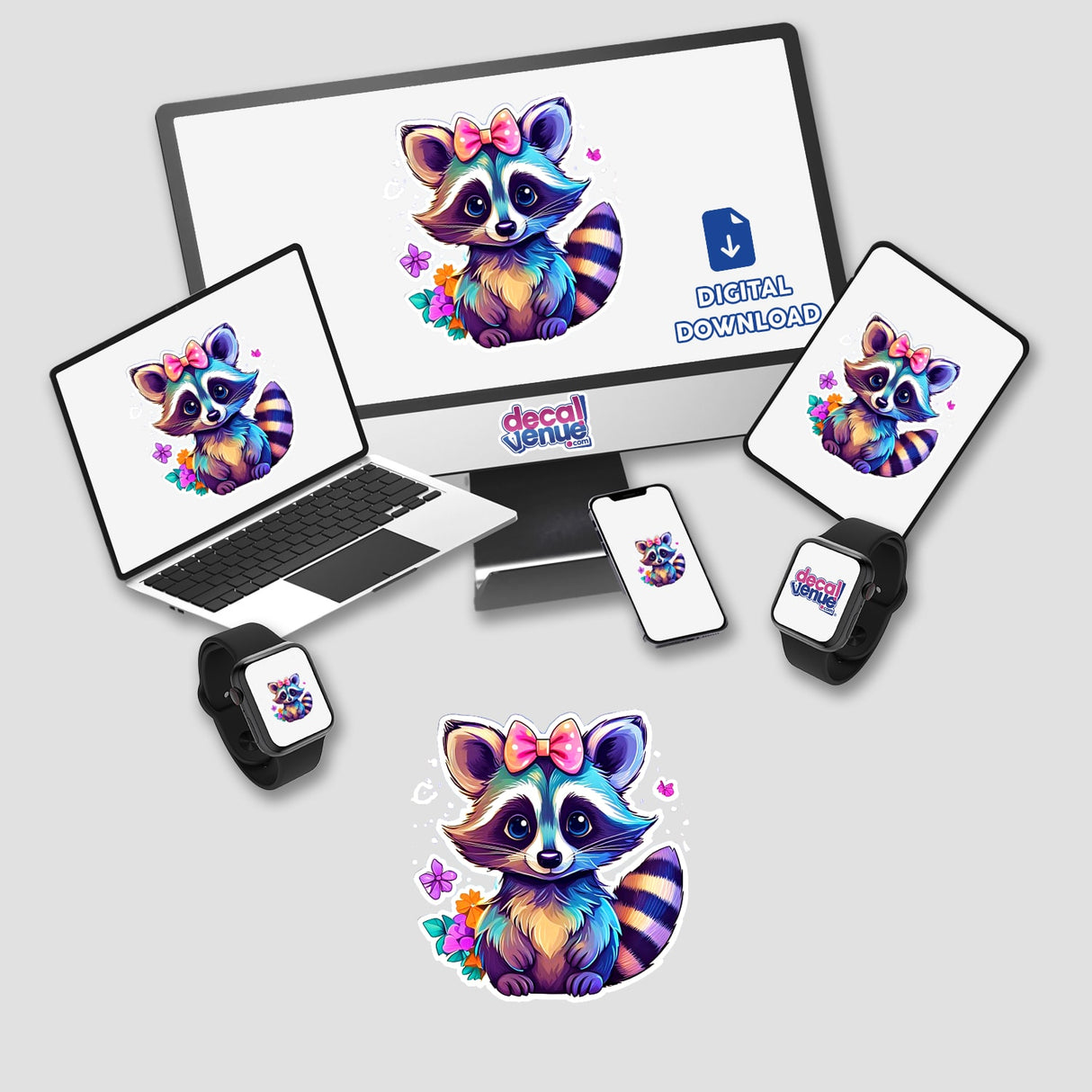 Baby raccoon digital artwork displayed on various devices, including a computer monitor, laptop, and phone. Available as stickers or digital art from Decal Venue.