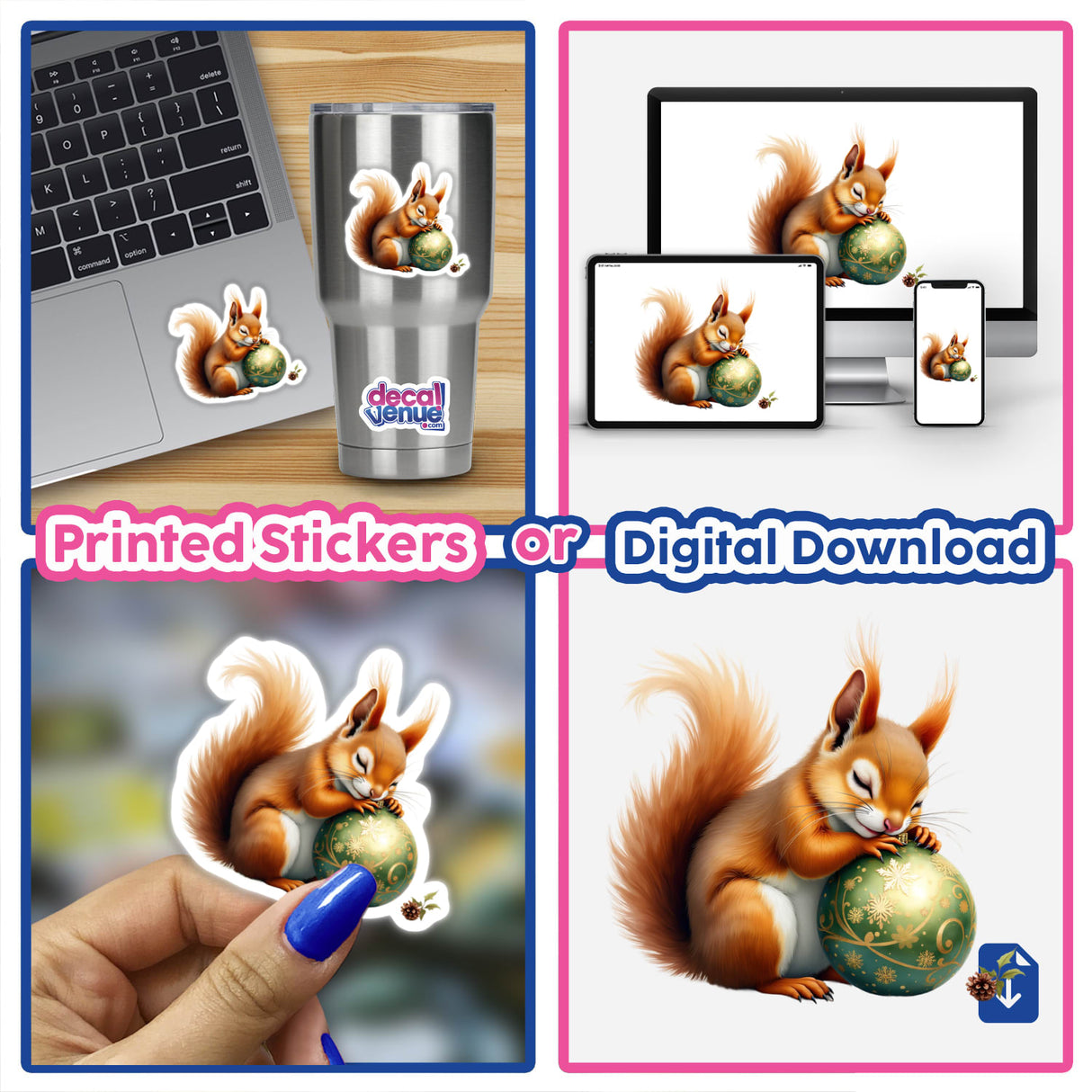 Squirrel Sleeping on Christmas Ornament sticker, featuring a playful squirrel holding a festive ornament. Available as a unique sticker or digital artwork from Decal Venue.