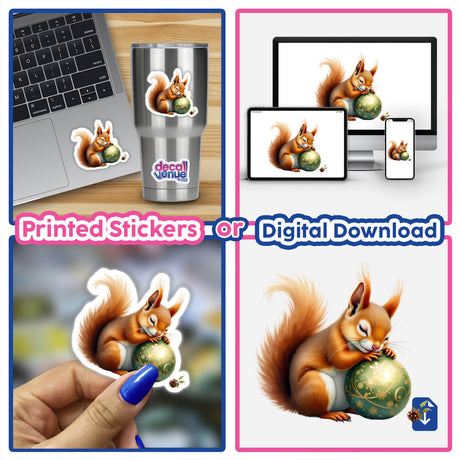 Squirrel Sleeping on Christmas Ornament sticker, featuring a playful squirrel holding a festive ornament. Available as a unique sticker or digital artwork from Decal Venue.