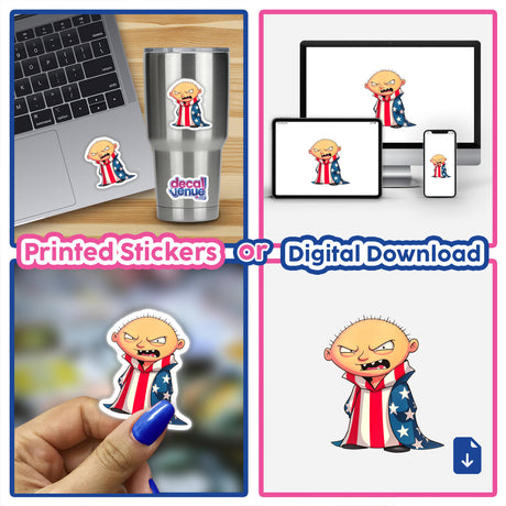 Collage featuring 'A Funny Guy With An American Flag' as digital artwork and stickers. Includes a cartoon character with a flag and other themed illustrations on various items.