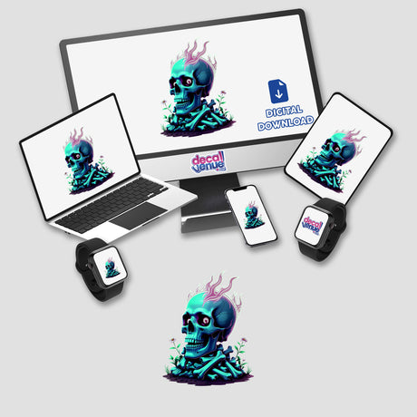 A Skull And Bones On Fire depicted on a computer monitor and laptop screens, ideal for stickers or digital artwork from Decal Venue's unique collection.