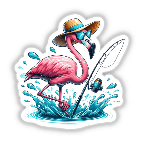 Cartoon illustration titled Summertime Flamingo Fishing features a flamingo wearing a hat and sunglasses, holding a fishing rod. Available as vinyl stickers or digital artwork from Decal Venue.