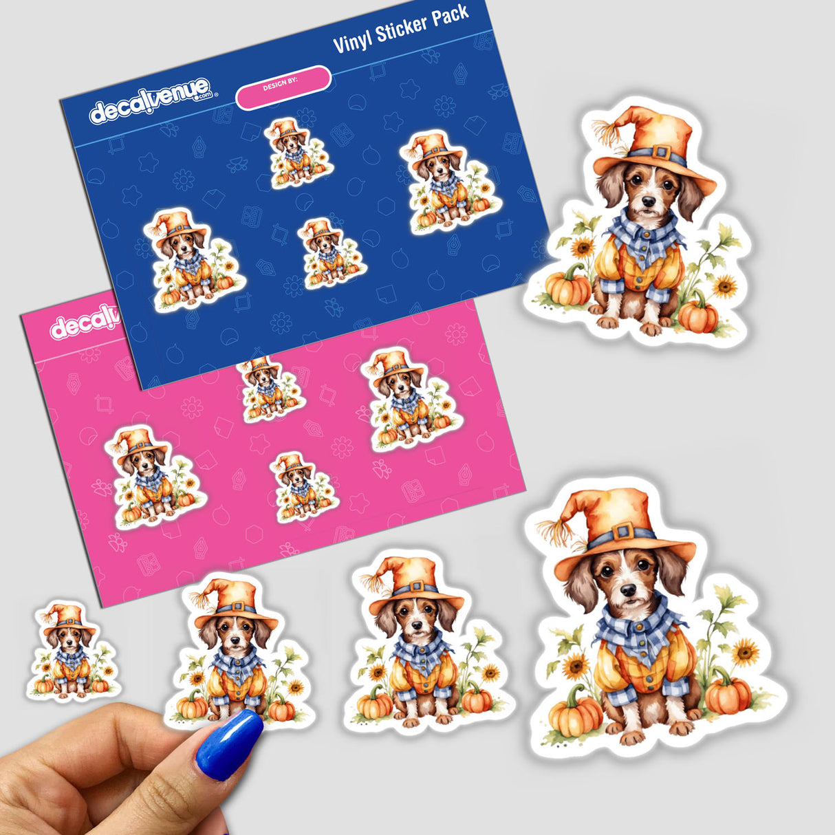 Cute Doxiepoo Scarecrow Clipart featuring dogs in hats and scarves with pumpkins, ideal for Fall and Halloween. Available as stickers or digital downloads with commercial rights.