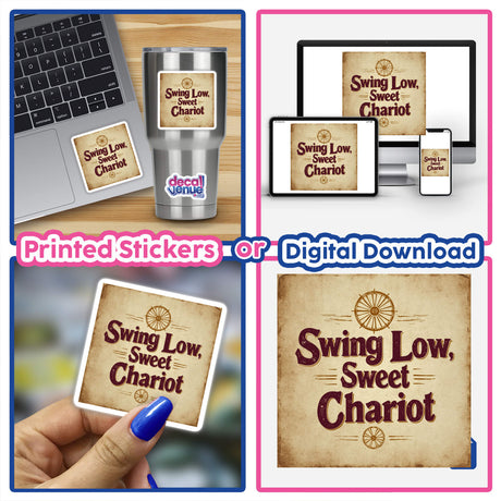 Swing Low, Sweet Chariot Typography Design Sticker or Clipart featuring a collage of laptop and phone images, ideal for digital artwork or stickers with commercial rights from Decal Venue.