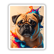 Cute Pug - Animal Portrait featuring a pug with colorful paint splashes on its face, available as vinyl stickers or digital artwork, showcasing unique pet-themed designs.