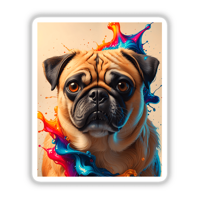 Cute Pug - Animal Portrait featuring a pug with colorful paint splashes on its face, available as vinyl stickers or digital artwork, showcasing unique pet-themed designs.