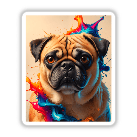 Cute Pug - Animal Portrait featuring a pug with colorful paint splashes on its face, available as vinyl stickers or digital artwork, showcasing unique pet-themed designs.