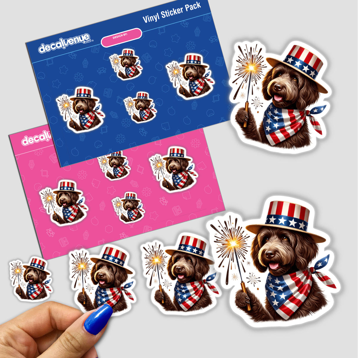 Patriotic Chocolate Goldendoodle Dog Holding Sparkler - Vibrant digital artwork featuring a cute and festive goldendoodle dog in patriotic attire holding a sparkler