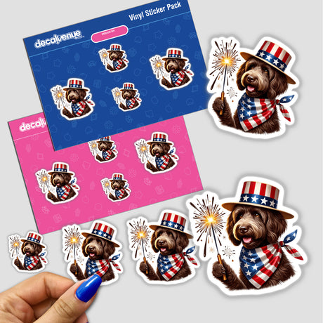 Patriotic Chocolate Goldendoodle Dog Holding Sparkler - Vibrant digital artwork featuring a cute and festive goldendoodle dog in patriotic attire holding a sparkler