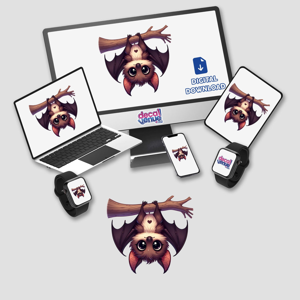 Cute bat illustration in various digital devices for Decal Venue store