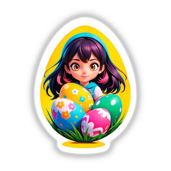 a little girl sitting in an egg shaped like an egg