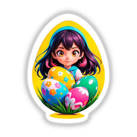 a little girl sitting in an egg shaped like an egg