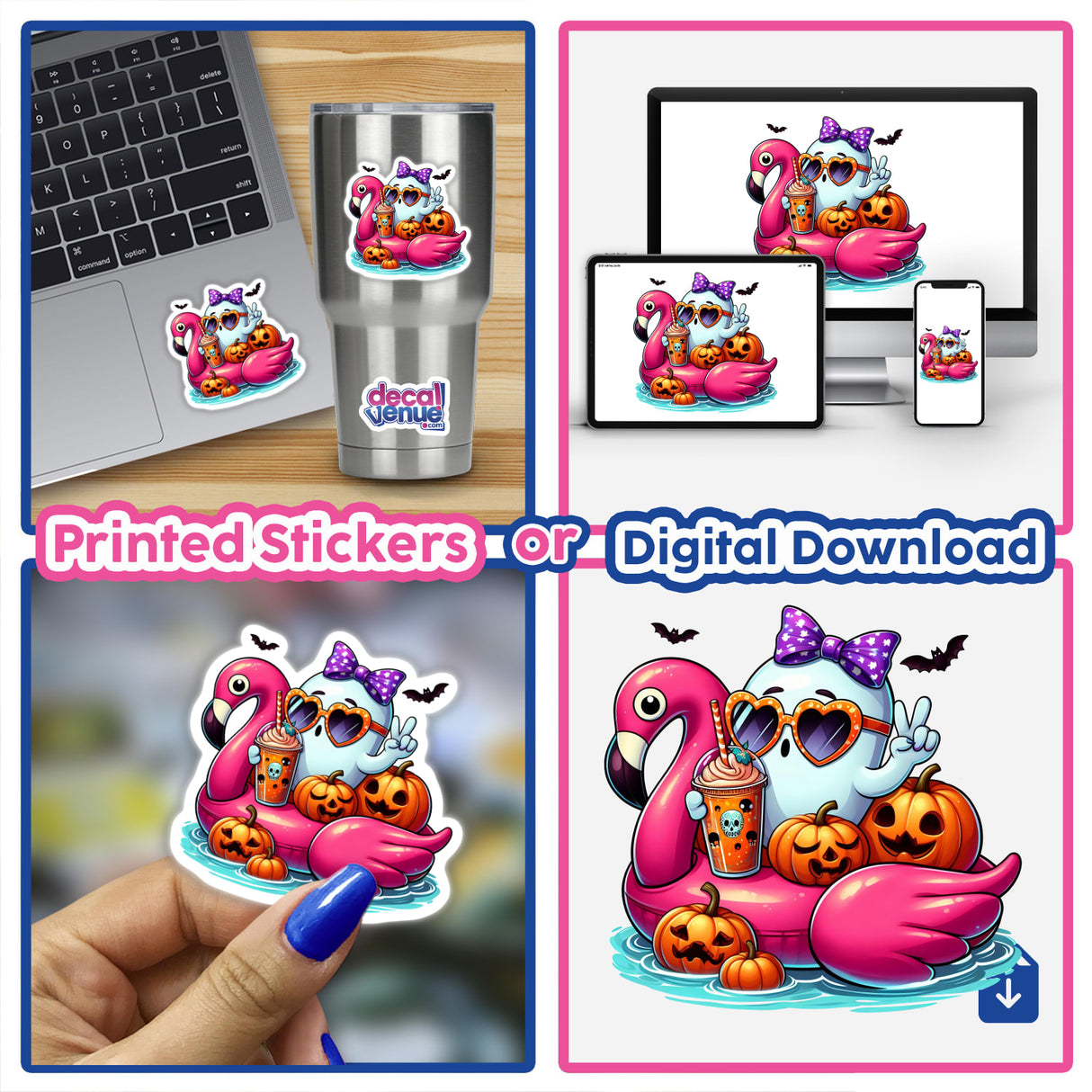 Cute Halloween Peace Ghost on Flamingo Float sticker displayed on a laptop, with additional images featuring hand placements and other related stickers.