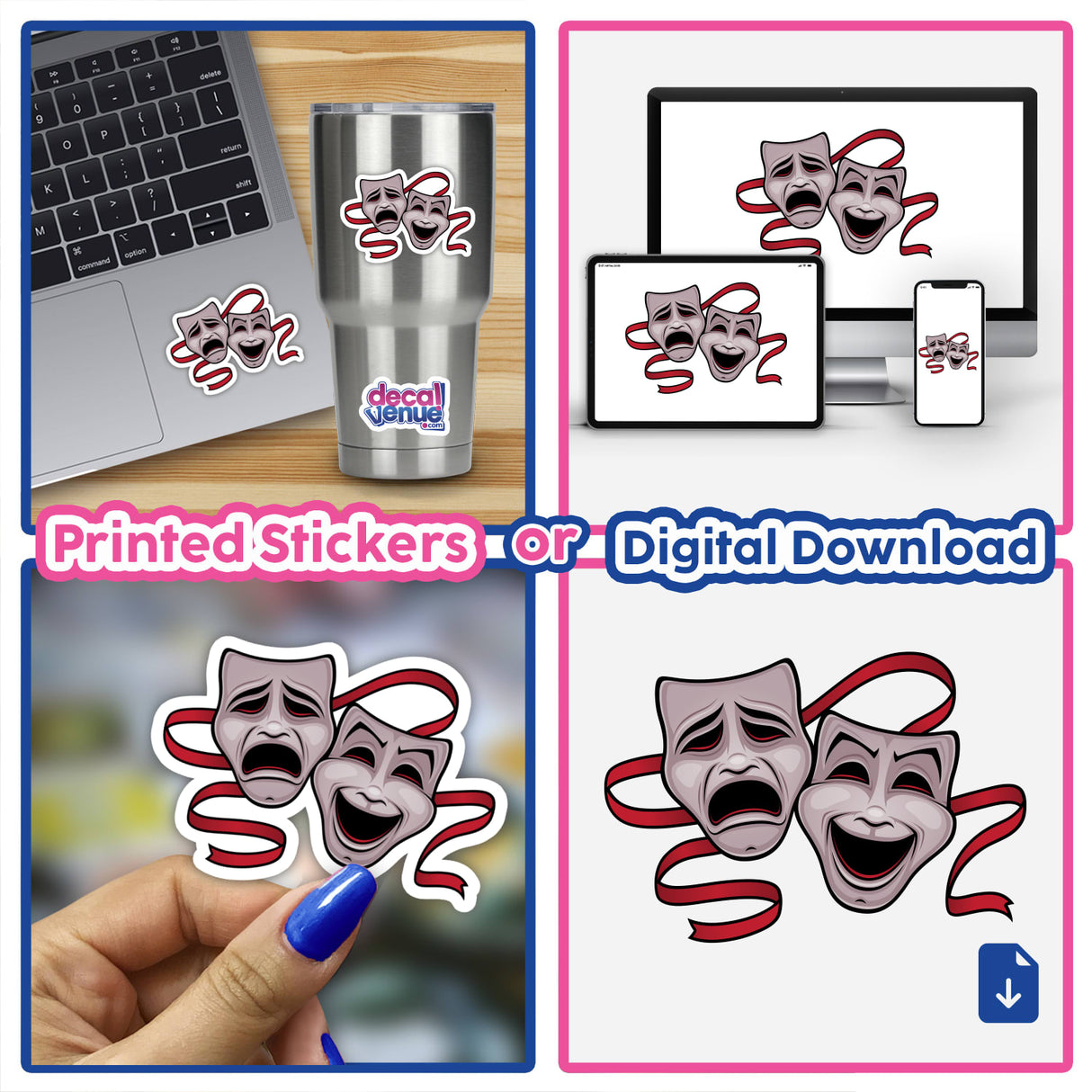 Comedy And Tragedy Theater Masks stickers featuring detailed mask illustrations with red ribbons, placed on a laptop, reflecting Decal Venue's unique sticker collection.