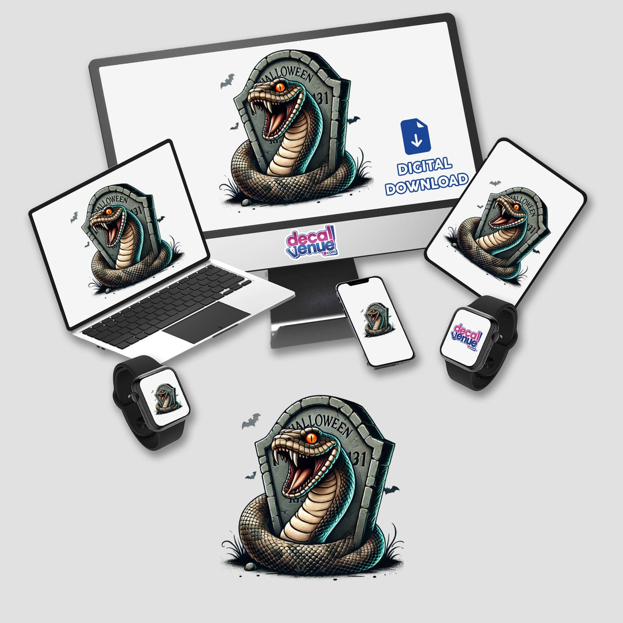 Halloween Anaconda Snake Peeking Out of Tombstone - Vibrant digital artwork featuring a coiled anaconda snake emerging from a spooky tombstone, showcased on various digital devices.