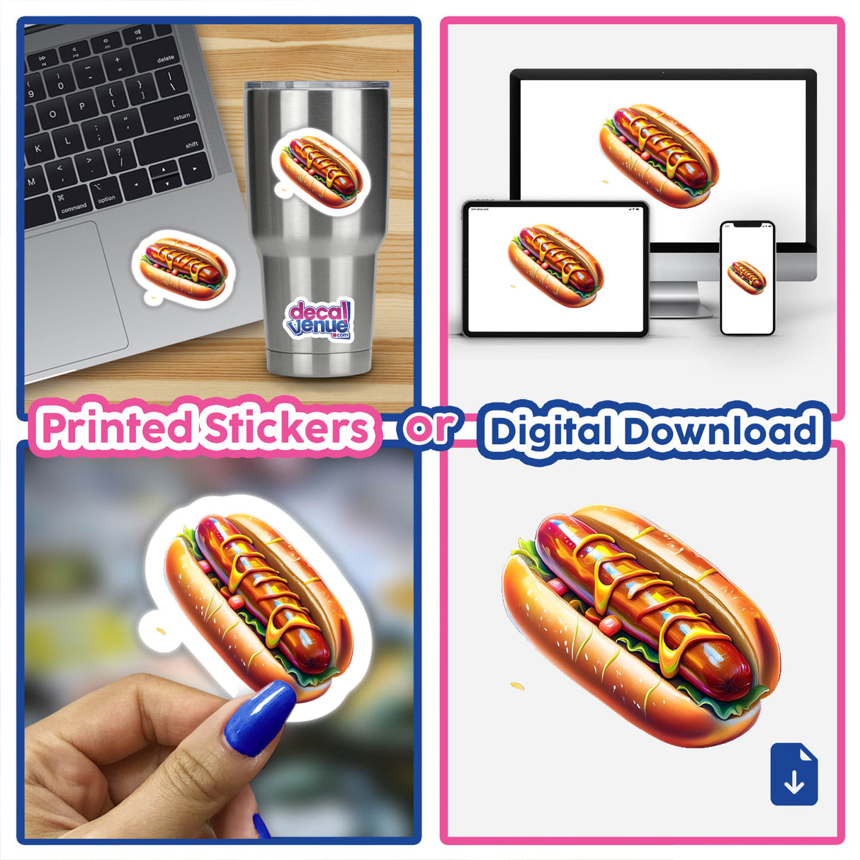Hotdog collage featuring stickers and digital artwork, including hot dogs with mustard and lettuce, a hot dog sticker on a cup, and a laptop with a hot dog sticker.