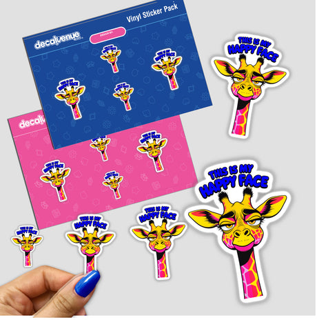 This Is My Happy Face Cute Grumpy Giraffe sticker pack, featuring cartoon giraffes with expressive faces, held in a hand. Available as stickers or digital artwork from Decal Venue.