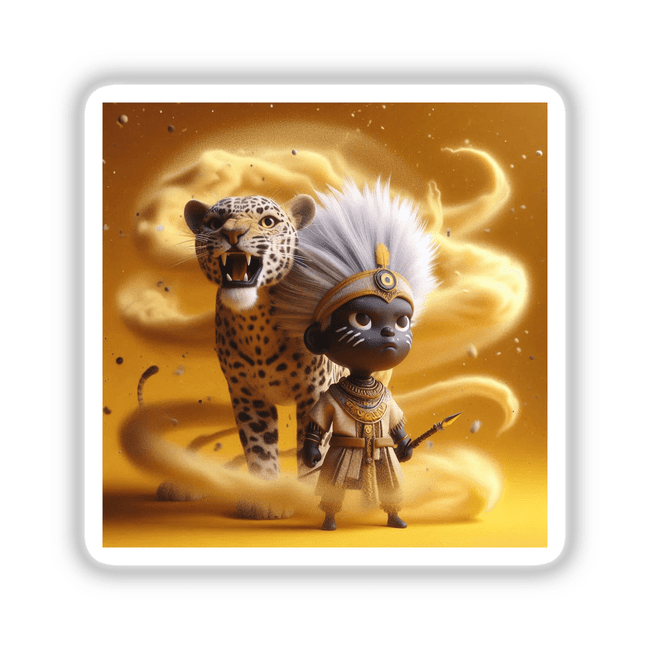 African Tribal Warrior in a cartoon style, depicted alongside a cheetah, available as stickers or digital artwork, embodying the unique and artistic essence of Decal Venue.