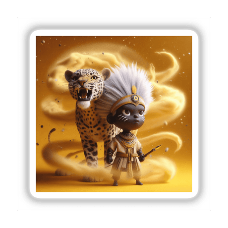 African Tribal Warrior in a cartoon style, depicted alongside a cheetah, available as stickers or digital artwork, embodying the unique and artistic essence of Decal Venue.