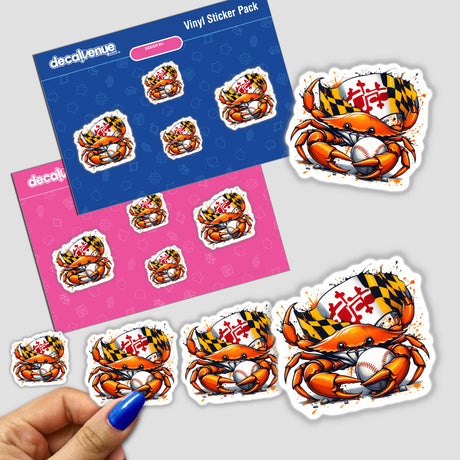 Maryland Steamed Baseball Blue Crab stickers feature playful crabs holding baseballs, perfect for fans of unique vinyl stickers or digital art from Decal Venue.