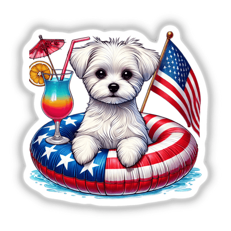 Maltese dog on American flag float with cocktail, available as stickers or digital artwork.
