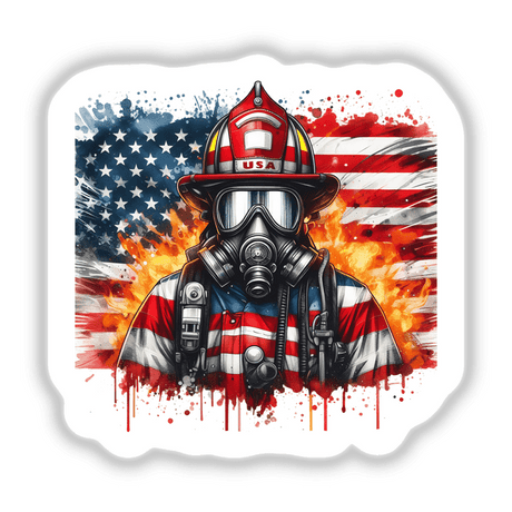 Detailed digital artwork depicting a firefighter in full gear with an American flag backdrop and fire effects, showcasing the bravery and patriotism of American firefighters.