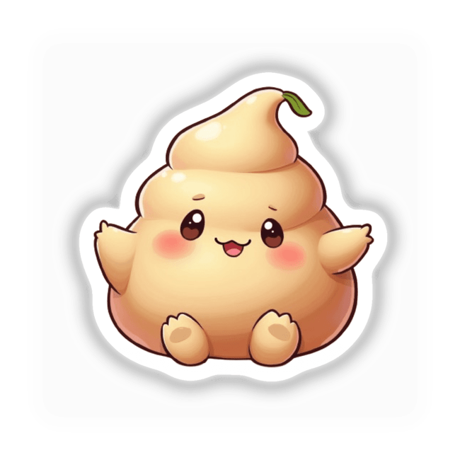 Kawaii Peach Mochi Sticker – Adorable Food Character depicted as a cheerful cartoon poop with expressive eyes and a playful smile, available as stickers or digital artwork.