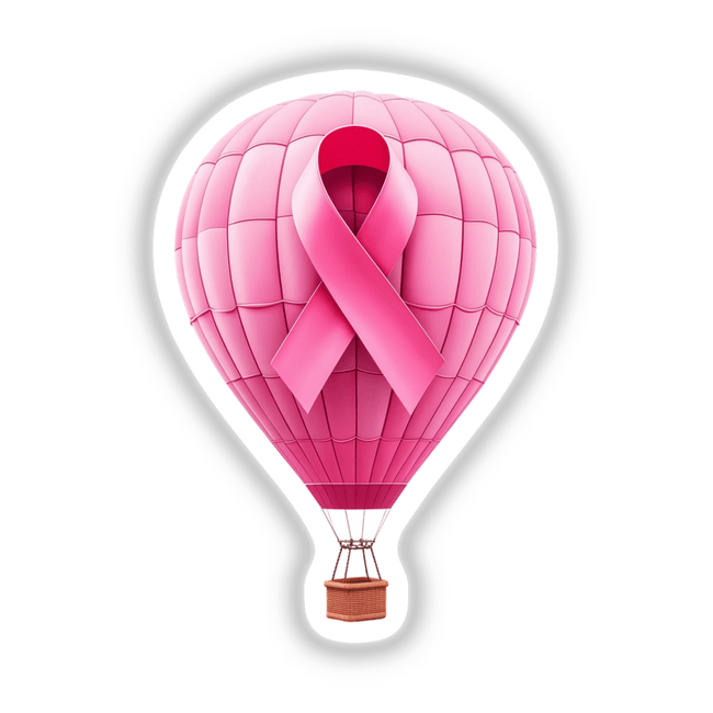 Hot Air Balloon Pink Ribbon Breast Cancer design featuring a pink ribbon on a hot air balloon. Available as stickers or digital artwork, highlighting awareness and support in a unique and artistic format.