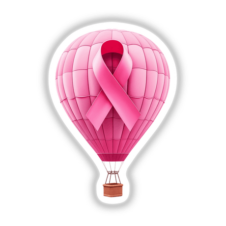 Hot Air Balloon Pink Ribbon Breast Cancer design featuring a pink ribbon on a hot air balloon. Available as stickers or digital artwork, highlighting awareness and support in a unique and artistic format.