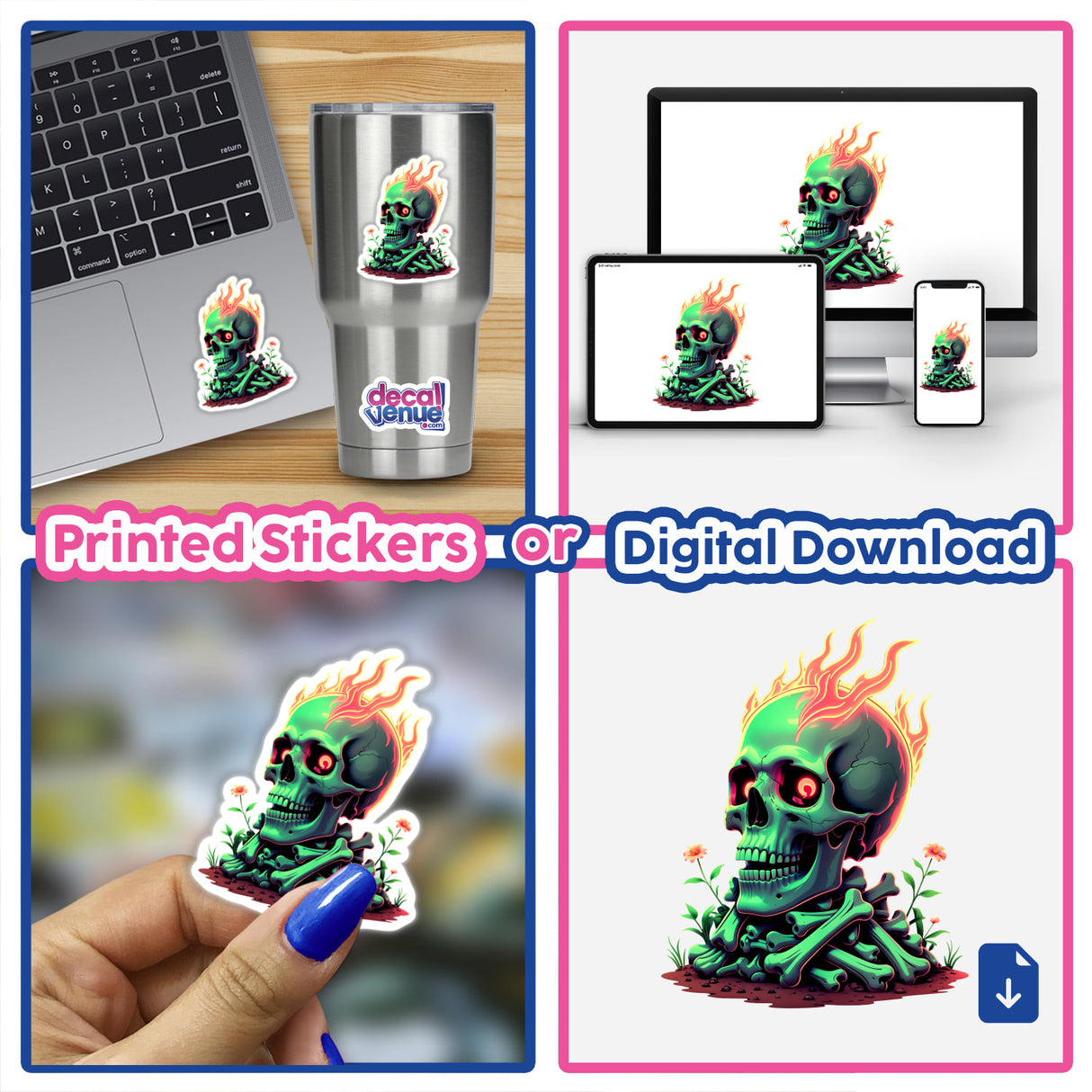 A collage featuring A Skull And Bones On Fire design, shown as vinyl stickers on a laptop and cup, and as digital artwork on a monitor and phone.