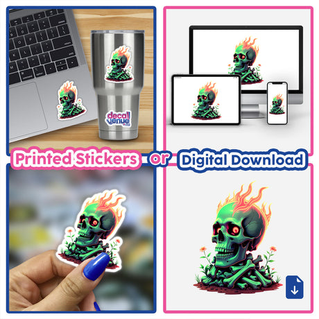 A collage featuring A Skull And Bones On Fire design, shown as vinyl stickers on a laptop and cup, and as digital artwork on a monitor and phone.