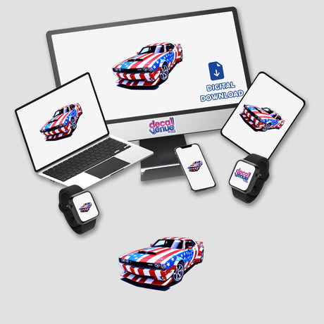 A computer monitor and laptop display artwork titled A Cool American Flag Muscle Car, available as stickers or digital art, showcasing a car with a flag motif.
