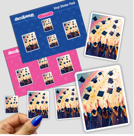 Joyful Graduation Celebration with Cap Toss and Confetti – a lively scene available as stickers or digital artwork, showcasing graduates joyously tossing caps amidst celebratory confetti.