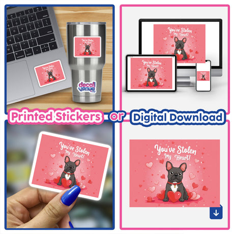 French Bulldog Sticker and Clipart with Commercial Rights featuring an adorable dog on a laptop, ideal for Valentine's Day. Available as unique vinyl stickers or digital art at Decal Venue.
