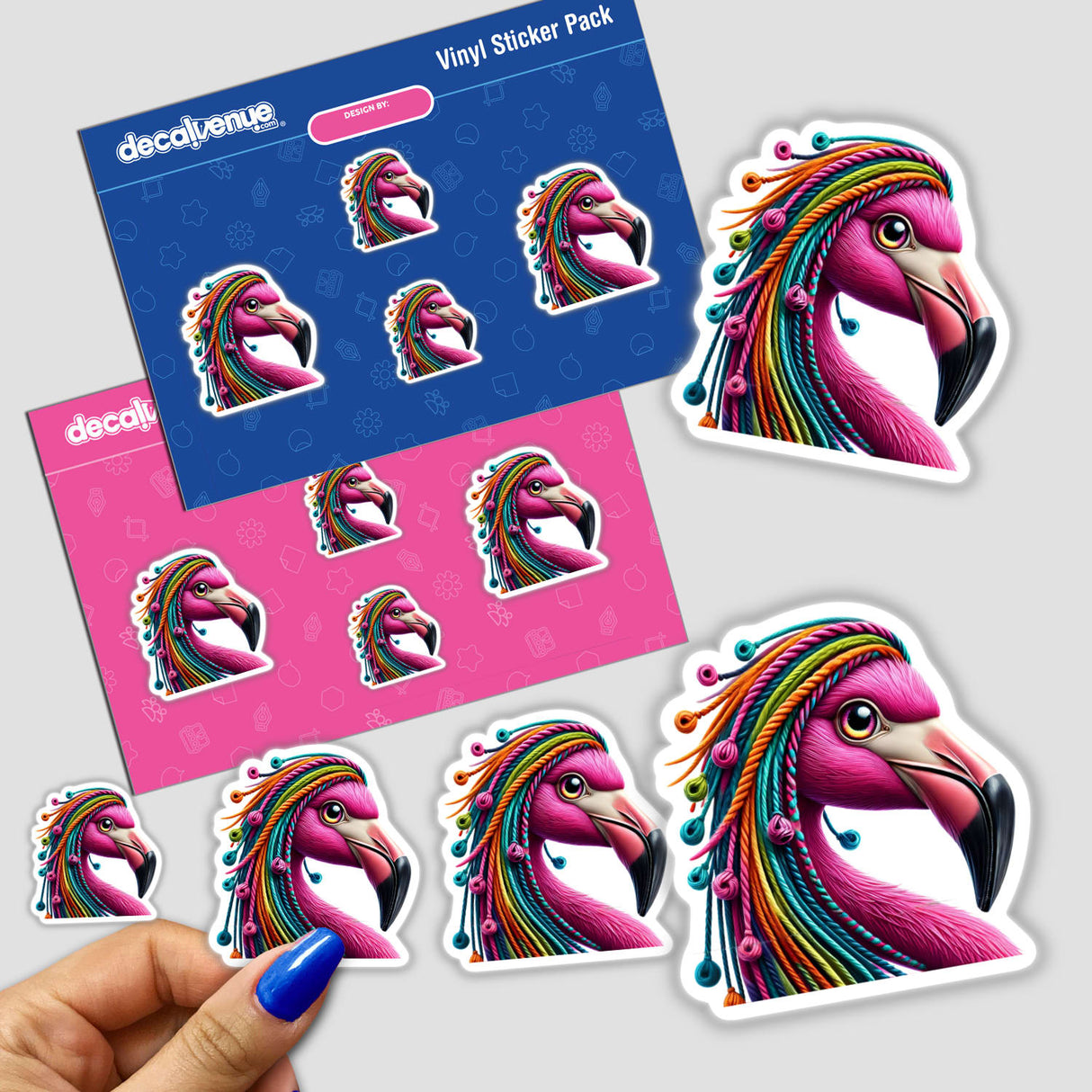 Flamingo with Yarn Hair sticker featuring a pink flamingo with colorful yarn hair, showcased in various designs, held close-up in a hand with a blue marker.