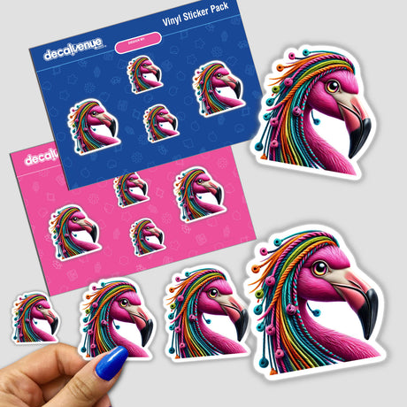 Flamingo with Yarn Hair sticker featuring a pink flamingo with colorful yarn hair, showcased in various designs, held close-up in a hand with a blue marker.