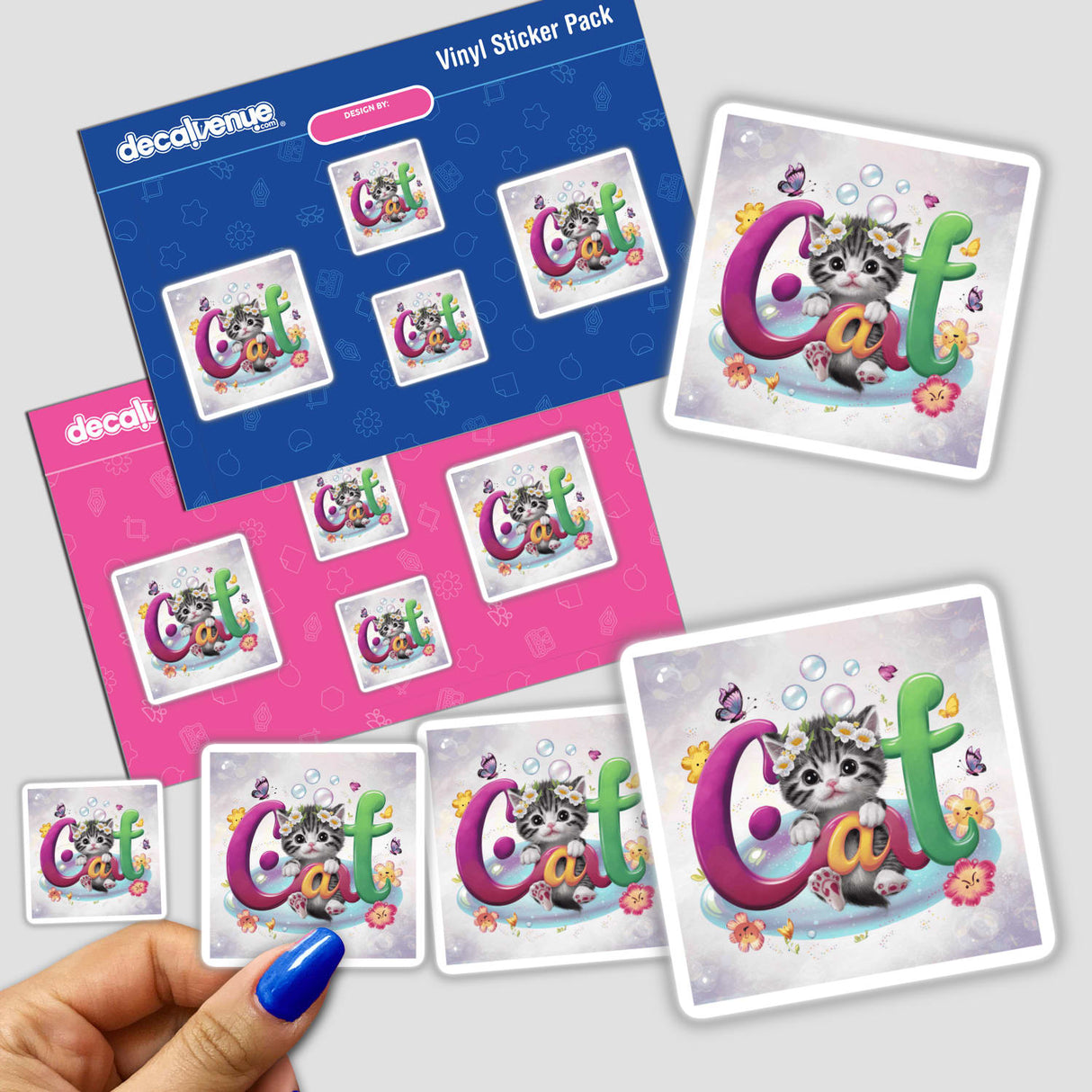 Colorful digital artwork of a playful cat among flowers and bubbles, presented as a vinyl sticker pack from the Decal Venue online store.