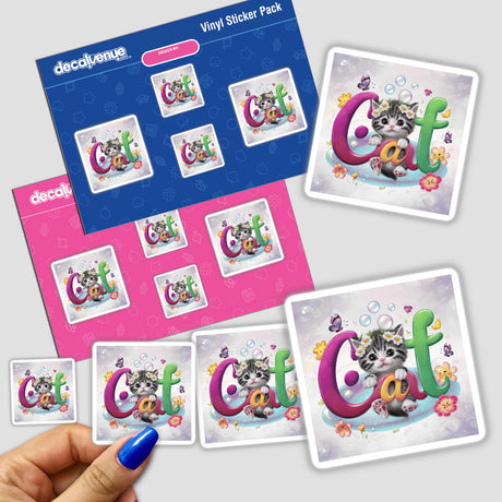 Colorful digital artwork of a playful cat among flowers and bubbles, presented as a vinyl sticker pack from the Decal Venue online store.