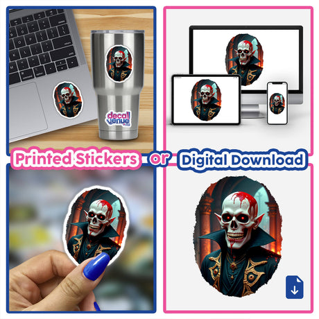 Demon Of The Underworld sticker collage featuring skeleton motifs. A laptop adorned with the sticker showcases its design versatility, emphasizing its unique appeal as a decal or digital artwork.